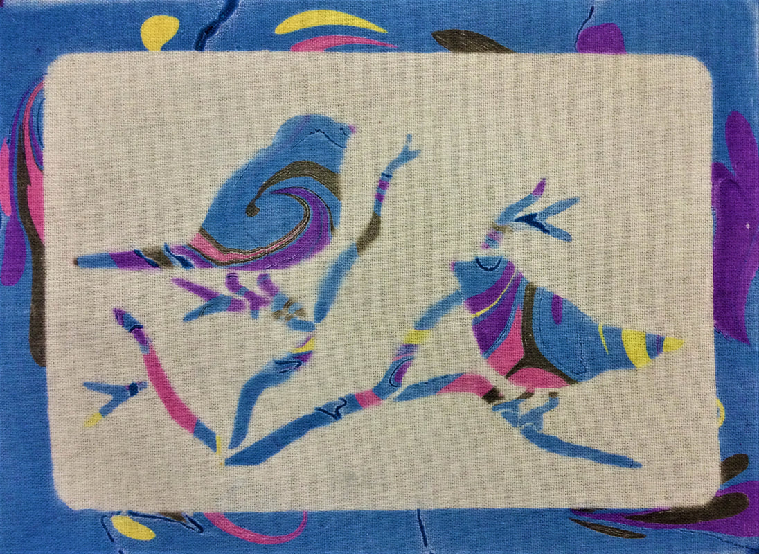 Cotton marbled with a birds stencil
